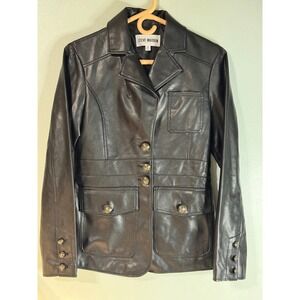 Steve Madden Black Faux Leather Military Blazer Jacket M Gold Button Moto